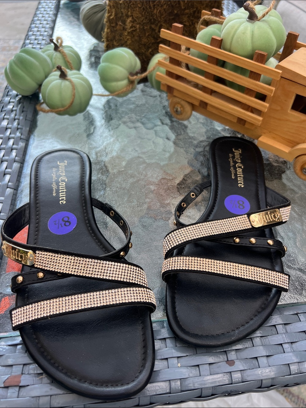 Juicy Couture Black Slide Sandals with Gold Rhinestone Straps